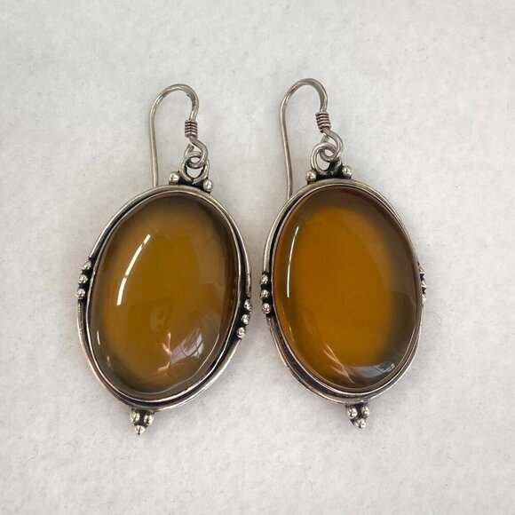 Sterling Silver 925 Large Bezel Set Oval Agate Quartz Dangle Drop Earrings - Picture 2 of 16